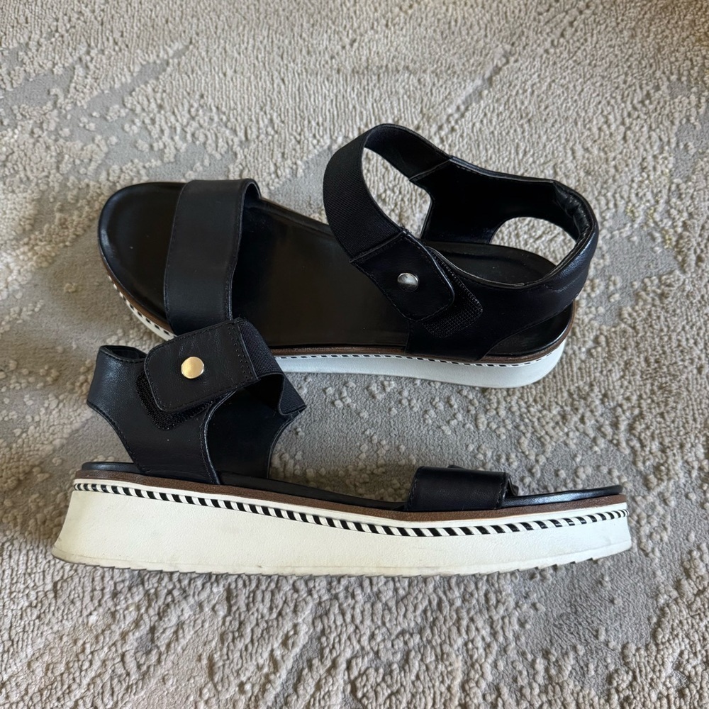 Franco Sarto Wedge Sandals leather black white ankle strap 8.5